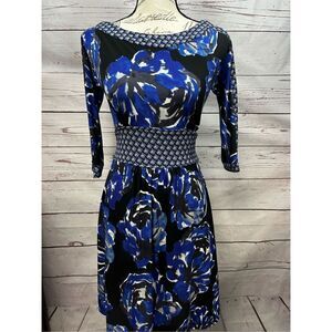 Alfani Petite Floral Print 3/4 Sleeve‎ Knit Dress - Black Blue White